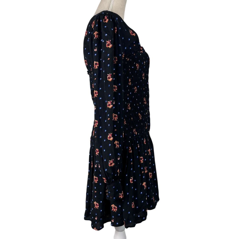 Free People Two Faces Mini Dress Black Floral Smocked Long Sleeve Size S - Picture 10 of 11